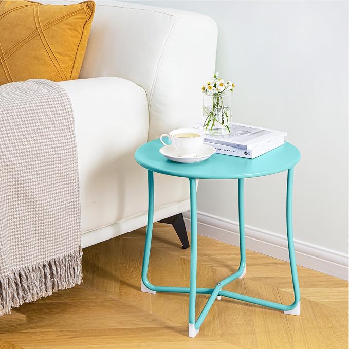 AMAGABELI GARDEN & HOME Metal Patio Side Table 18” x 18” Heavy Duty Weather Resistant Anti-Rust Outdoor End Table, Small Steel Round Coffee/Snack Porch Table Table for Balcony Yard Lawn, Mint Green