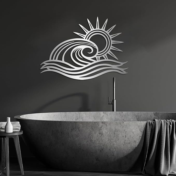 Sunrise Metal Wall Art, Sunrise Wall Decor Metal, Wave Art, Sun Wall Decoration Outdoor, Wall Decor Living Room, Bathroom (30"x21"/76x54cm, Gold)