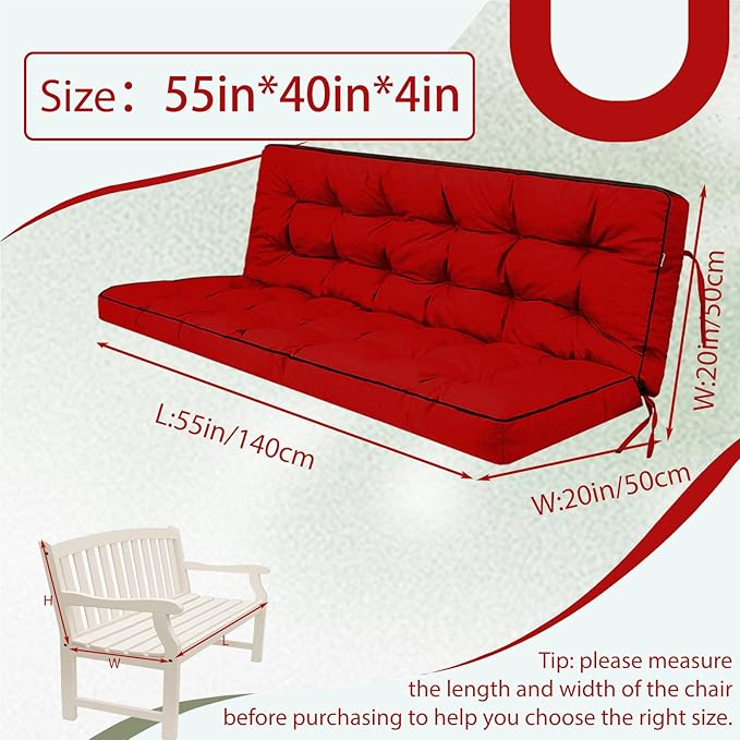 2/3 Seater Swing Replacement Cushion, Waterproof Porch Swing Cushions with Backrest, Thickened Bench Cushions for Outdoor Furniture, for Outdoor Patio Swing (Red, 55 * 40in)