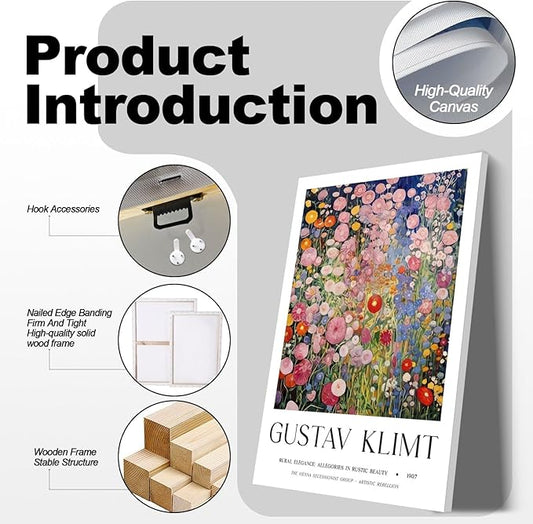 Framed Gustav Klimt Canvas Wall Art Colorful Floral Poster Picture Vintage Countryside Painting Nature Landscape Modern Home Print Living Room Gallery Office Ready to Hang 12x16 Inch x3