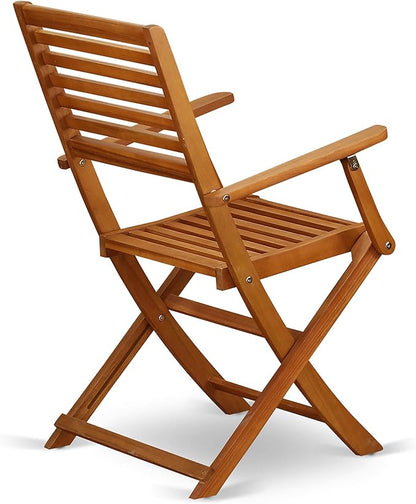 East West Furniture SEBS3CANA 3 Piece Folding Patio Bistro Sets Outdoor Set Contains a Square Acacia Wood Coffee Table and 2 Folding Arm Chairs, 26x26 Inch, Natural Oil