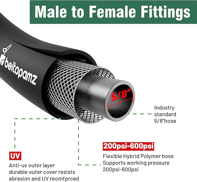 Short Garden Hose 10 ft x 5/8 in Male to Female Heavy Duty Small Water Hose Extend Connector, Lightweight Rubber Hybrid Leader Hose, Leak-Free Connections, BT10B, Black