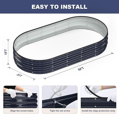 Raised Garden Bed, 6x3x1ft Galvanized Outdoor Planter Beds with Safety Edging and Gloves, Oval Metal Planter Box for Gardening Vegetables Flowers Herb-Midnight Blue