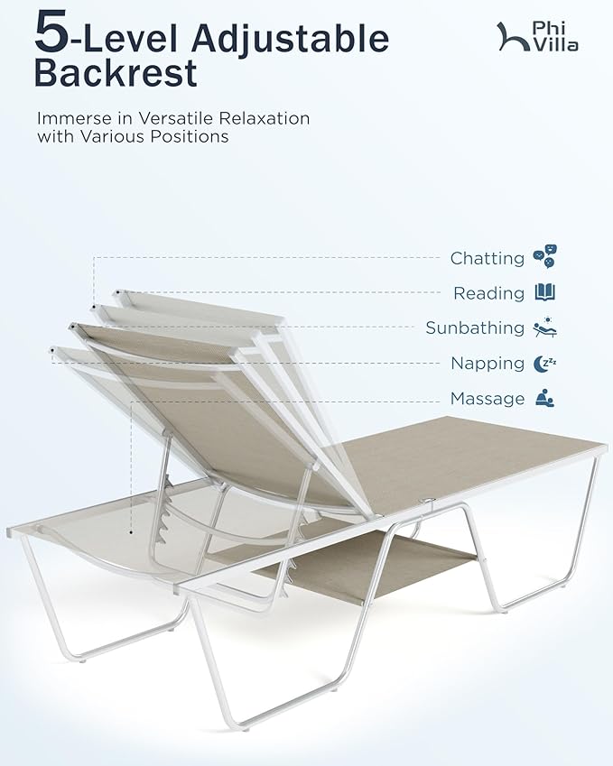 PHI VILLA 78“ Oversized Outdoor Chaise Lounge Chairs, Foldable & Assemble Patio Lounge Chair with 5 Adjustable Backrest for Outside Poolside Beach Pool, Set of 2, Beige