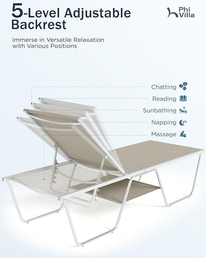 PHI VILLA 78“ Oversized Outdoor Chaise Lounge Chairs, Foldable & Assemble Patio Lounge Chair with 5 Adjustable Backrest for Outside Poolside Beach Pool, Set of 2, Beige
