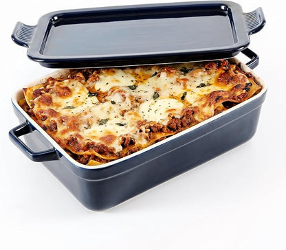 OVENTE Ceramic Baking Dish with Lid, 3 Quart Rectangular Stoneware Casserole Dish for Baking and Serving, Lasagna Pan Deep with Handles, Oven & Dishwasher Safe Bakeware, Ideal Home Gift, Blue BP13BL
