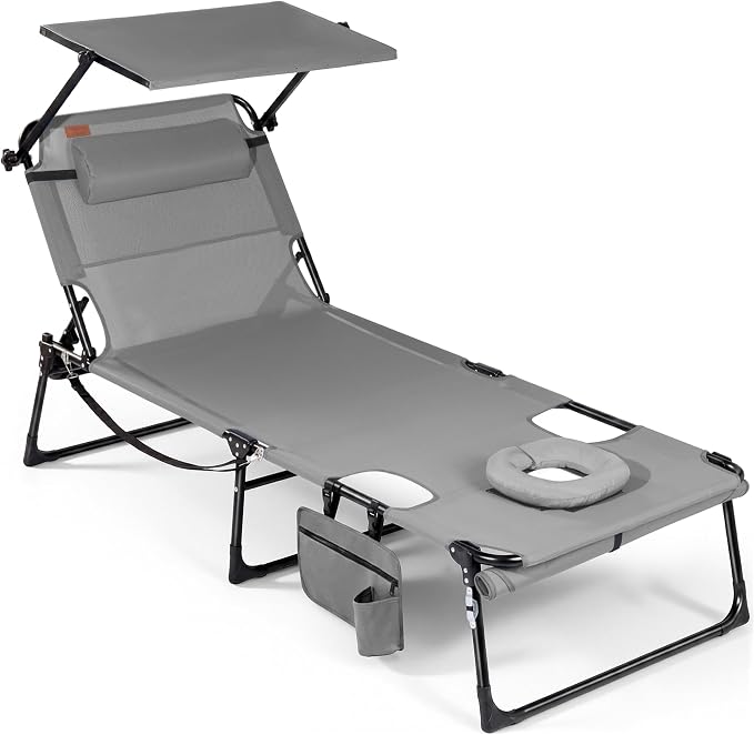 Tanning Chair with Face Hole & Canopy, 28'' Extra Wide, Support 400LBS | Folding Chaise Lounge Chair with 4-Position Adjustable Backrest for Beach, Pool, Patio & Camping, Light Grey