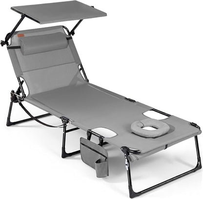Tanning Chair with Face Hole & Canopy, 28'' Extra Wide, Support 400LBS | Folding Chaise Lounge Chair with 4-Position Adjustable Backrest for Beach, Pool, Patio & Camping, Light Grey