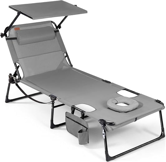 Tanning Chair with Face Hole & Canopy, 28'' Extra Wide, Support 400LBS | Folding Chaise Lounge Chair with 4-Position Adjustable Backrest for Beach, Pool, Patio & Camping, Light Grey