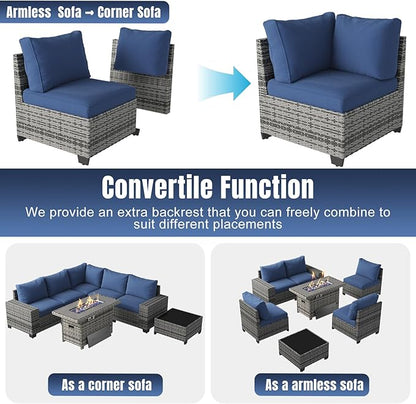 Aoxun 7 Pieces Patio Furniture Set with 40” Fire Pit Table Wicker Rattan Outdoor Sectional Conversation Set with Coffee Table and 4” Thickened Cushions, Blue(Waterproof Cover Included)