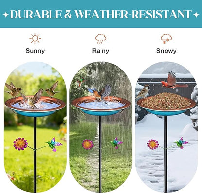 WANGIRO 11.4" Standing Bird Bath for Outdoors - 33" Tall Metal Birdbaths with Trellis Stake,Retro Copper & Blue Garden Decor, Detachable Bowl with Hummingbird & Flower Accent for Yard, Patio, Lawn