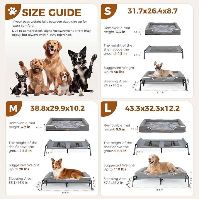 Lekereise Raised Outdoor Small Dog Bed Cot + Orthopedic Indoor Dog Sofa Bed, 2-in-1 Design,32 x 25 Inch Cooling Elevated Puppy Bed with Egg-Crate Orthopedic Foam Load 40lbs