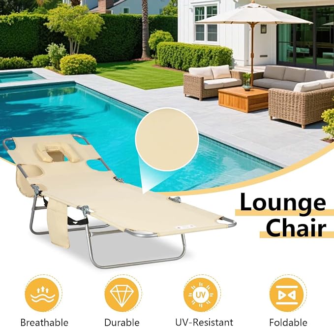Sun Tanning Chair with Face Hole, Heavy Duty Adjustable 5-Position Folding Laying Out Chairs for Tanning, Beach Lounge Chairs for Adults for Outdoor Sunbathing Patio Pool Lawn (Beige)