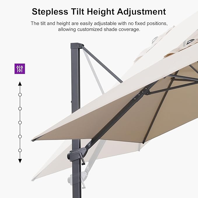 PURPLE LEAF 10' × 13' Patio Cantilever Umbrella Outdoor Rectangle Adjustable Offset Umbrellas with 360-degree Rotation and 8 Heavy Duty Metal Ribs for Garden Deck Pool Beige