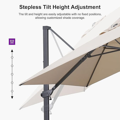 PURPLE LEAF 10' × 10' Patio Cantilever Umbrella Outdoor Square Adjustable Offset Umbrellas with 360-degree Rotation and 8 Heavy Duty Metal Ribs for Garden Deck Pool Beige
