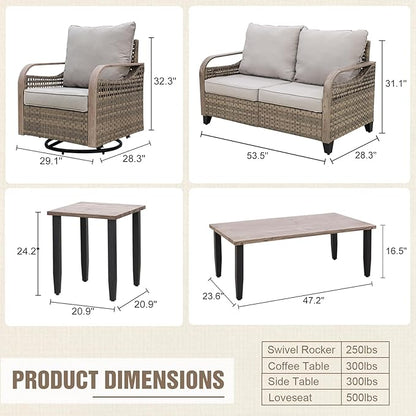 Modern Wicker Patio Furniture Set, Rattan Outdoor Conversation Set with Comfortable Cushions, 2 Swivel Rocing Chairs, 2 SeatLoveseat, Coffee Table and Side Table, 5 Pieces, Brown/Gray