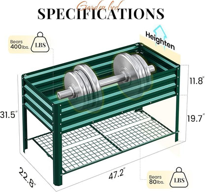 KING BIRD Large Raised Garden Bed with Legs & Storage Shelf Galvanized Elevated Planter Box for Backyard, Patio, Balcony, 400lb Capacity, Green 48×24×31.5 in