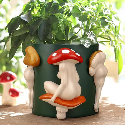 GUGUGO Mushroom Lady Body Plant Pots, Quirky Unique Cute Planters and Boho Funky Eclectic Home Decor, Mushroom Butt Flower Pots, Indoor Succulent Planter, Modern Aesthetic for Decorating, Dark Green