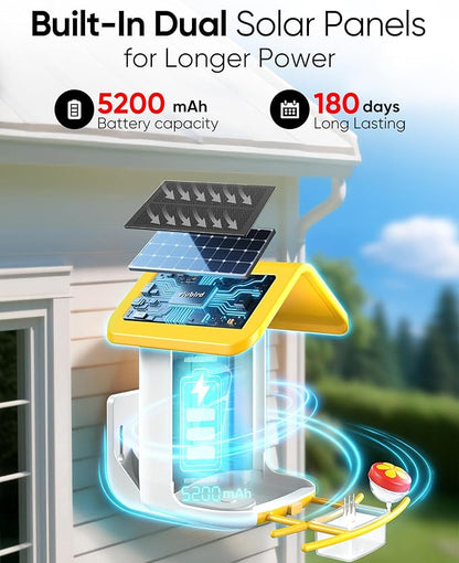 Bird Feeder with Camera Solar Powered - Smart Bird Feeder Camera 2K HD Live Stream, 5MP Photos, AI Identification for Backyard, 2.4Lb Large Capacity, Gifts for Mom Dad, Yellow White