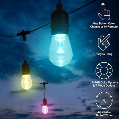 Pure Garden Outdoor String Lights - 50ft Color-Changing Patio Lights with Remote and Vintage-Style LED Edison Bulbs for Porch, Backyard, and Events