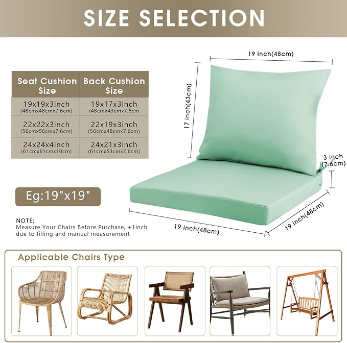 Outdoor Seat Cushion Set 19 x 19 In, Water-Resistant & Fade-Resistan, Patio Furniture Cushions with Removable Cover Deep Seat & Back Cushion with Handle and Adjustable Straps for Chair Sofa,1PC