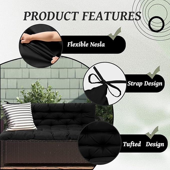 2/3 Seater Swing Replacement Cushion, Waterproof Porch Swing Cushions with Backrest, Thickened Bench Cushions for Outdoor Furniture, for Outdoor Patio Swing (Black, 71 * 40in)