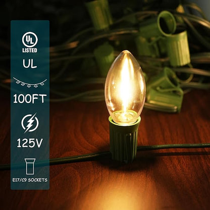 LUCKY TL 100 FT C9/E17 Christmas Light Sockets Spool Set, with 100 C9 Bulbs，Green SPT-1 Wire, 12 Inch Spacing, UL Listed