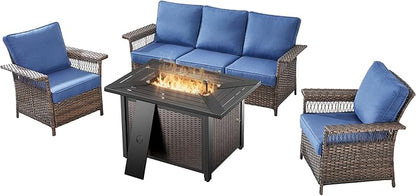 Patio Furniture Set with Fire Pit Table, 4PCS Patio Conversation Set Brown Resin Wicker Patio Chair and Sofa with 43in Rectangular Iron Firepit Table PE Rattan Patio Furniture Set