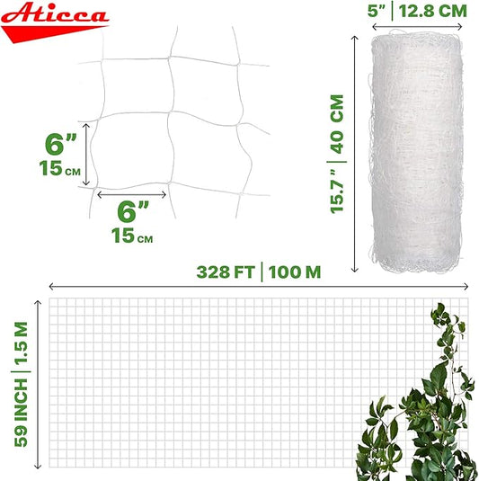 ATICCA Plastic Trellis Netting 59" x 328 ft Heavy Duty Plant Support Netting White - 6 Inch Garden Trellis on Roll - Mesh for Growing Vine Climbing Plants, Flowers, Peas, and Cucumber