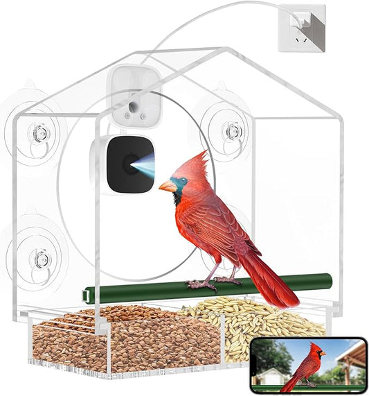 Window Bird Feeder with Camera, Smart Clear Birdfeeder for Outside, 2K HD Live View & AI Bird 10000+, Window Bird House Feeder with 6 Suction Cups