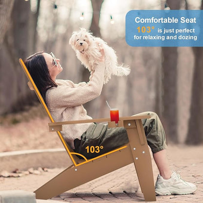 MXIMU Modern Adirondack Chairs Set of 8 Weather Resistant with Cup Holder Oversize Plastic Fire Pit Chairs Plastic Outdoor Chairs for Firepit Area Seating (Teak)