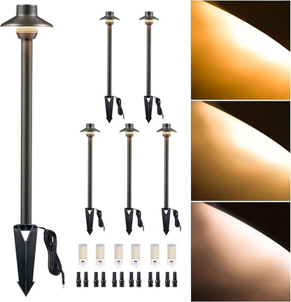 Gardenreet Brass Low Voltage Path Light, 2700K/3000K/4000K Adjustable 12V Landscaping Pathway Lights Waterproof, Wired Walkway Lighting Outdoor, LED Black for Outside Backyard with G4 Bulb (6 Pack)