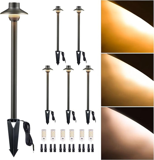 Gardenreet Brass Low Voltage Path Light, 2700K/3000K/4000K Adjustable 12V Landscaping Pathway Lights Waterproof, Wired Walkway Lighting Outdoor, LED Black for Outside Backyard with G4 Bulb (6 Pack)