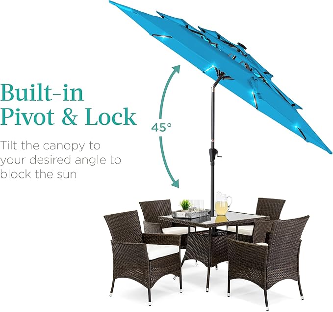 Best Choice Products 10ft 3-Tier Solar Patio Umbrella, Outdoor Market Sun Shade for Backyard, Deck, Poolside w/ 24 LED Lights, Tilt Adjustment, Easy Crank, 8 Ribs - Sky Blue