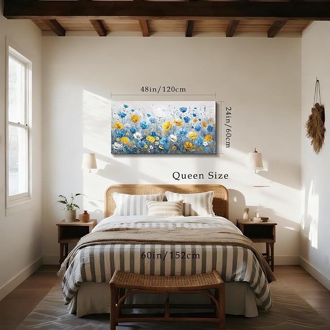 SERIMINO Flower Wall Art, Large Wall Art, Blue Wall Decor, Botanical Floral Canvas Prints, Natural Plant Watercolor Paintings for Living Room Bedroom Bathroom Farmhouse House Decorations 24"x48"