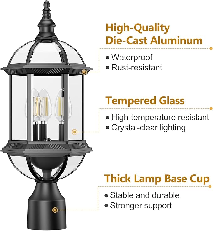 Outdoor Post Lights,19.21" 3-Light Lamp Post Light Fixture,Hardwired 120V Exterior Waterproof Pole Lighting,Modern Black Aluminum Lantern for Garden, Yard, Patio, Pathway