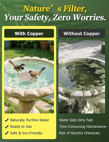 Mellbree 4-Pack Premium Copper Cleaning Disc, 0.6mm Thick 99.99% Pure Copper with Stable Triple-Point Support, All-Season Physical Water Care for Bird Baths