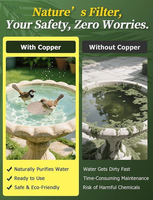 Mellbree 2-Pack Bird Bath Copper Disc, 0.6mm Reinforced 99.99% Pure Copper Cleaning Disk with Triple-Point Support for Physical Safe Clean Water All-Season, Universal Fit for Outdoor Birdbaths, Bowl