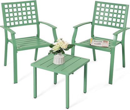 NUU GARDEN 3 Pieces Outdoor Bistro Set, All-Weather Patio Furniture with 2 Metal Stackable Chairs and Square Table, Waterproof Set for Balcony, Porch, Garden, Deck, Green