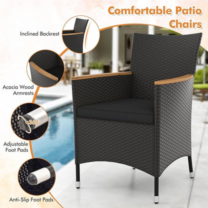 Tangkula 5 Pieces Patio Dining Table Set for 4, Rattan Conversation Set with Umbrella Hole, Seat Cushions & Acacia Wood Tabletop, Outdoor Dining Table with 8 Chairs for Backyard (Black)