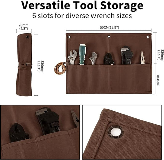 Chisel Roll,Small Tool Roll Pouch,Tool Roll Bag Organizer, Heavy Duty Waxed Canvas Tool Bag, Multi-Purpose Roll-Up Storage Bag for Hand Tools Holder with 6 Pockets Wrench Roll Up Pouch