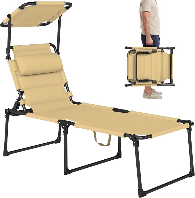 Outsunny Outdoor Lounge Chair, Adjustable Backrest Folding Chaise Lounge, Cushioned Tanning Chair with Sunshade Roof & Pillow Headrest for Beach, Camping, Hiking, Cream White