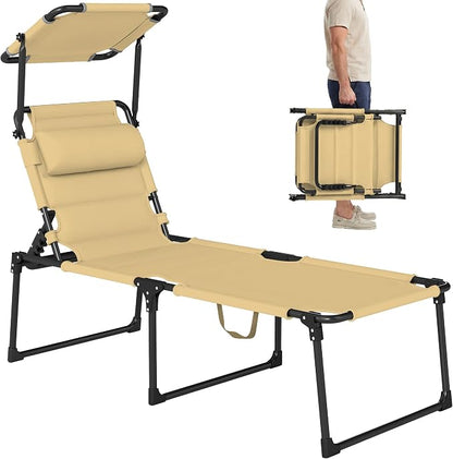 Outsunny Outdoor Lounge Chair, Adjustable Backrest Folding Chaise Lounge, Cushioned Tanning Chair with Sunshade Roof & Pillow Headrest for Beach, Camping, Hiking, Cream White