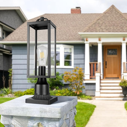 Outdoor Post Light Fixture, 16 Inch Tall Modern Exterior Square Pillar Lantern with Clear Glass, Transitional Black Pier Mount Lamp, Contemporary Pole Light for Garden, Backyard, Patio, Pathway
