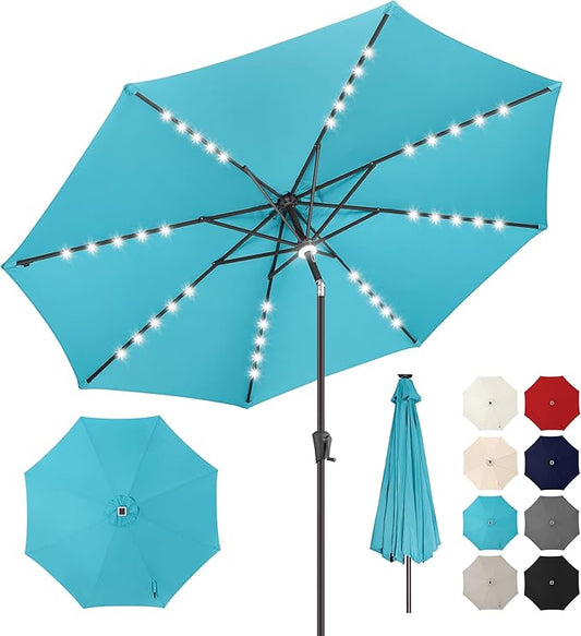 10ft Solar Umbrella Outdoor - Lighted Patio Umbrella with 40 LED Lights Waterprool Uv Protection, Table Umbrella with Tilt & Crank for Pool, Porch, Garden, Deck, Backyard(Sky Blue)