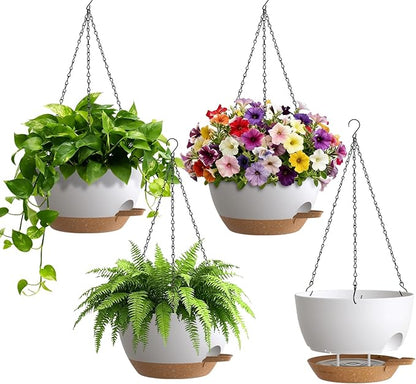 UOUZ 4 Pack 8 Inch Self Watering Hanging Planters for Indoor Outdoor Plants，Hanging Pots for Plants with Drainage Removable Tray, Hanging Baskets Flower Pots for Pothos Garden Porch White with Brown