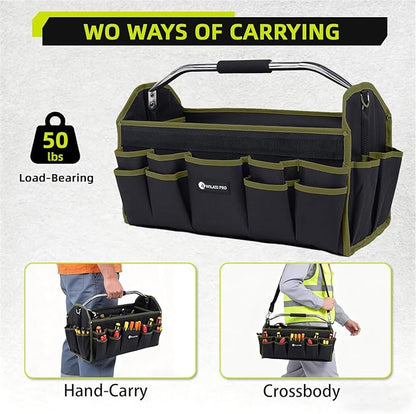 16in Foldable Open Top Tool Tote, Tool Bags For Men Heavy Duty, Tool Carrier tool bag hard With Handle, Wide Mouth Electrician Tool Tote, Many Pockets Can Hold Many