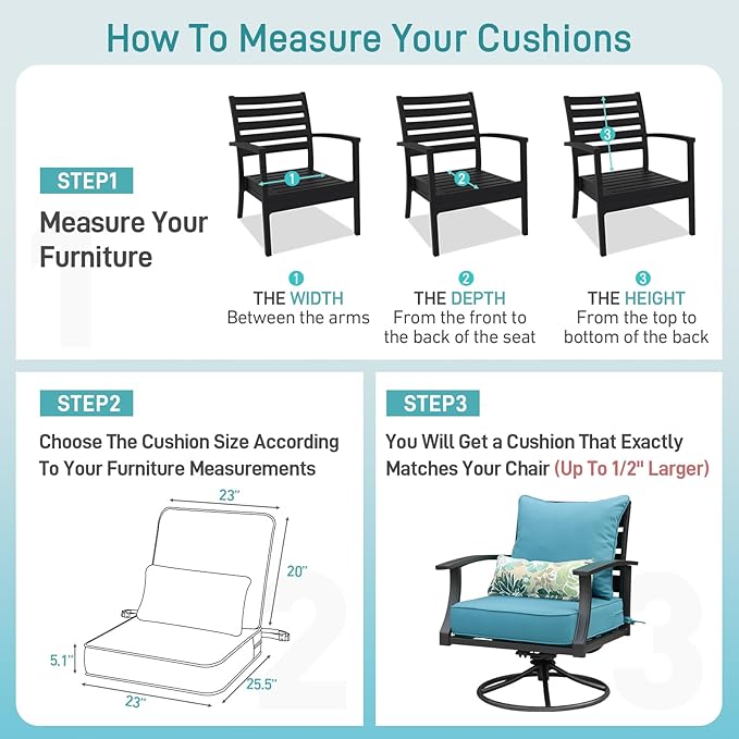Aoodor Outdoor Chair Cushion, 23 x 26 Inch Water-Resistant, Fade-Resistant Olefin Fabric Patio Seat Cushions with Removable Cover and Adjustable Straps for Outdoor Furniture, Set of 2, Teal