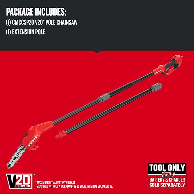 CRAFTSMAN Pole Saw, Pole Saws for Tree Trimming, Cordless V20 Tool-Only Tree Trimmer, Up to 14 Ft Extended Reach (CMCCSP20B)