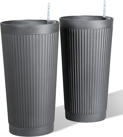 24" Large Planter Set of 2, Self Watering Tall Plastic Planters for Outdoor Plants, Modern Flower Pots Planter Outdoor for Patio, Front Door Decor, with Drainage (Gray Ribbed)